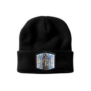 EB Winter Knit Beanie, Virgen de Guadalupe Embroidered Patch, Shiny Metallic Cap